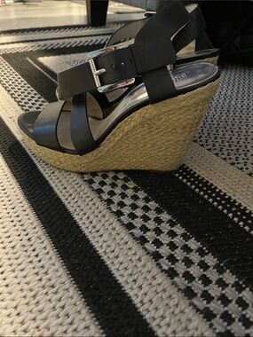 Black Micheal Kors Espadrille Wedge Sandals with Buckle Strap - Women